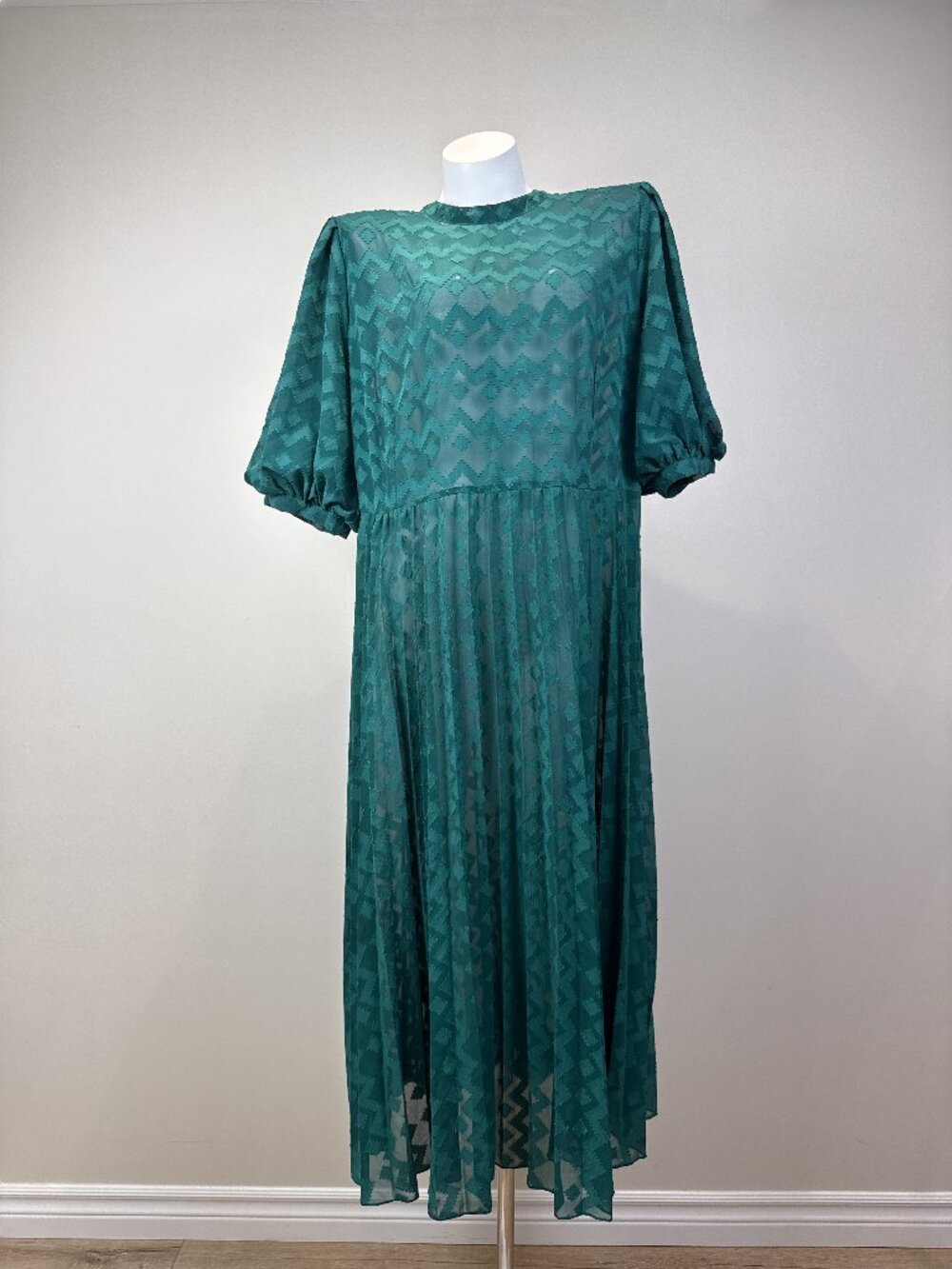 ASOS DESIGN Curve Green Geometric Textured Midi Dress Puff Sleeve Womens US 16